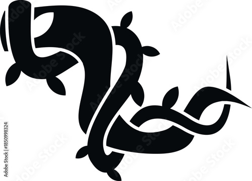Abstract tribal vine with thorns and leaves growing, creating an ornamental silhouette