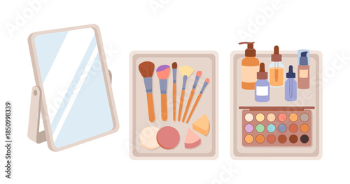 Makeup brushes mirror cosmetic products flat illustration