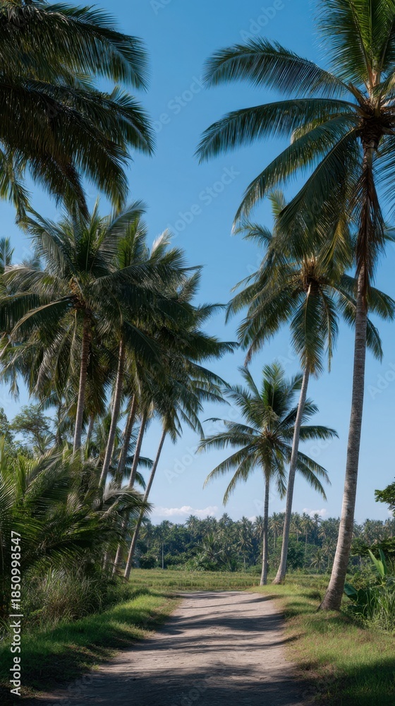 Obraz premium Serene Tropical Jungle Path Surrounded by Tall Palm Trees Under Clear Blue Sky