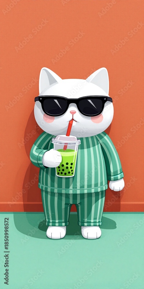 Fototapeta premium White cat in striped pajamas, sunglasses, sipping green bubble tea. Minimalist style, vibrant orange background. Cute, modern aesthetic.