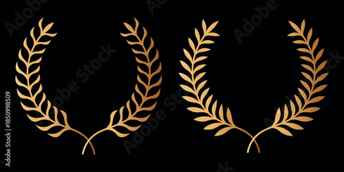 Gold laurel wreath. Golden silhouette laurel foliate wreaths award, achievement, chaplet, heraldry, nobility. Golden leaf silhouette on black background.