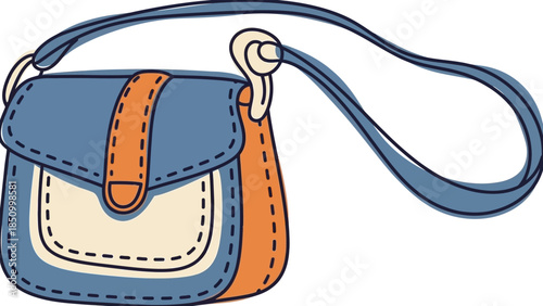 Hand-drawn illustration of a stylish blue and orange crossbody bag.