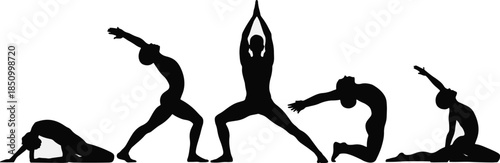 Diverse Yoga Poses Silhouettes on White Background Keywords: yoga, silhouette, fitness, exercise