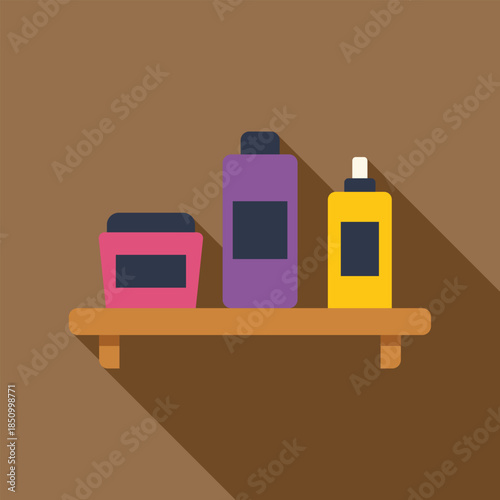 Colorful cosmetic containers resting on a wooden shelf, showcasing bathroom essentials and body care products