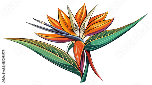 Very beautiful bird of paradise flower illustration created with clean line art on a white background, emphasizing elegant contours, botanical structure, and minimalist artistic expression.