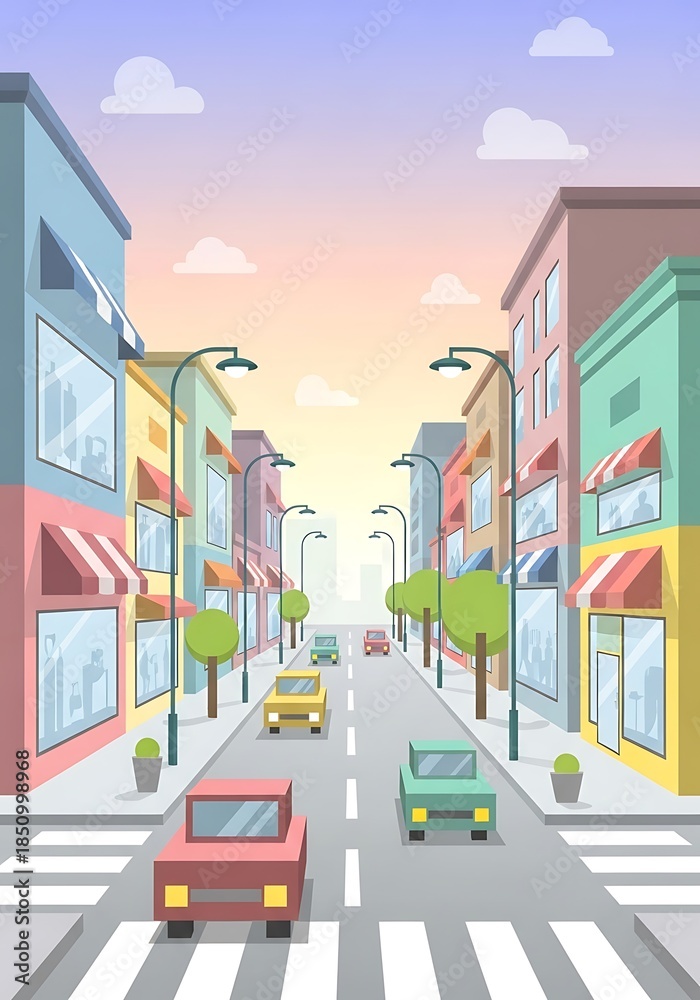 Fototapeta premium Stylized Cityscape Illustration with Buildings, Cars, and Streetlights