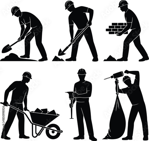 Construction Worker Silhouettes Performing Various Tasks