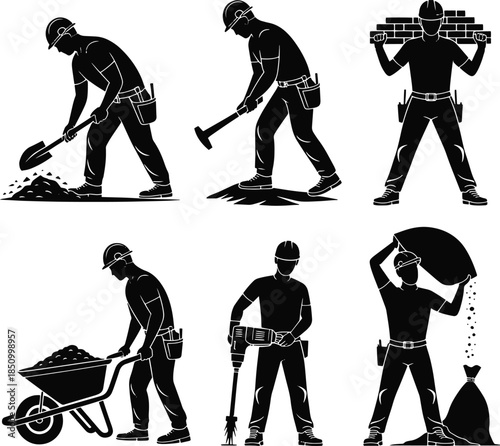 Construction Worker Silhouettes with Tools and Materials