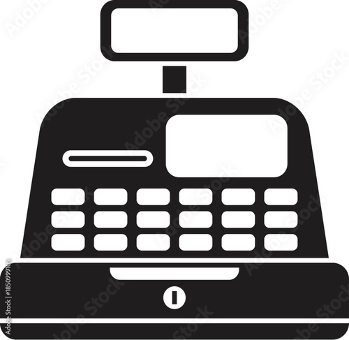 Black and white cash register machine with display for total amount, numeric keypad, and cash drawer, ideal for representing sales, payments, and retail business