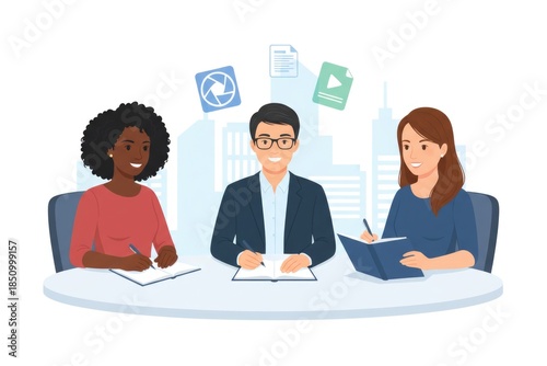 Team Collaboration in Modern Office with Digital Icons