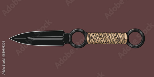 Kunai knife, Japanese weapon, ninja tool, tactical blade, traditional design, crisscross grip, martial art gear, flat vector illustration