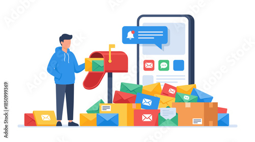 Man sending many emails and receiving notifications