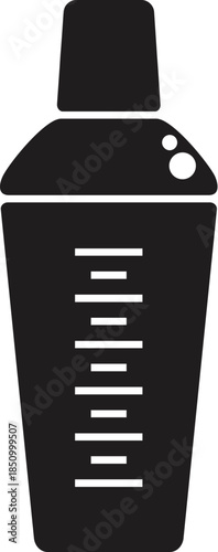 Black silhouette of a cocktail shaker featuring measurement lines, ideal for bartending guides and recipe illustrations