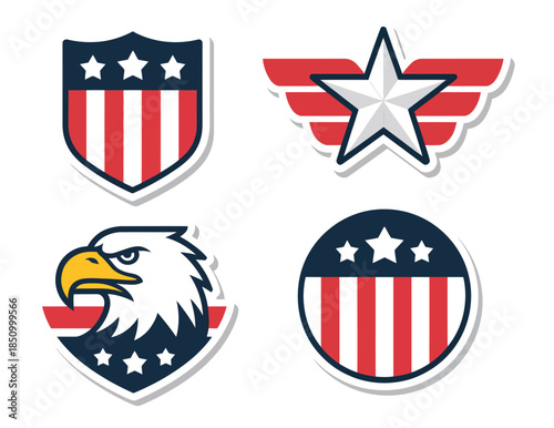 Usa patriotic badge set, american national symbols collection, flat vector cartoon illustration with eagle, shield, and star with wings, military emblem and sticker pack,