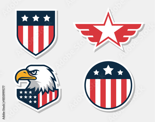 Usa patriotic badges set, flat vector cartoon illustrations of american national symbols including eagle, shield, and star with wings, military emblem and sticker pack,