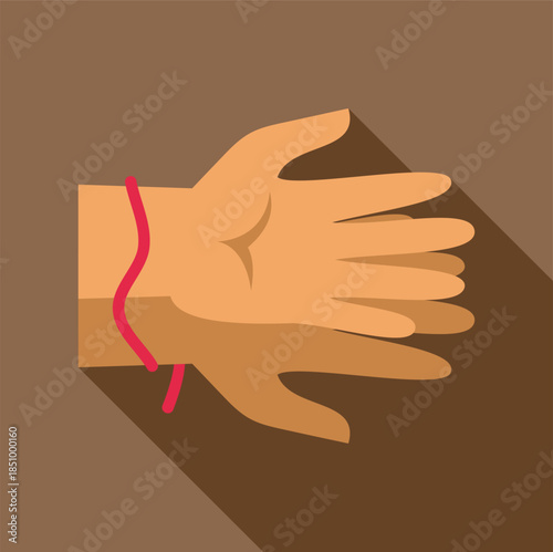 Hand wearing a red string bracelet for good luck and protection in flat icon style