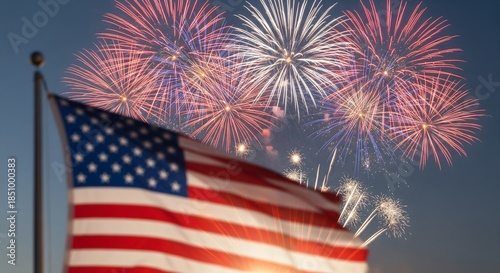 Vibrant fireworks explode behind waving American flag at dusk