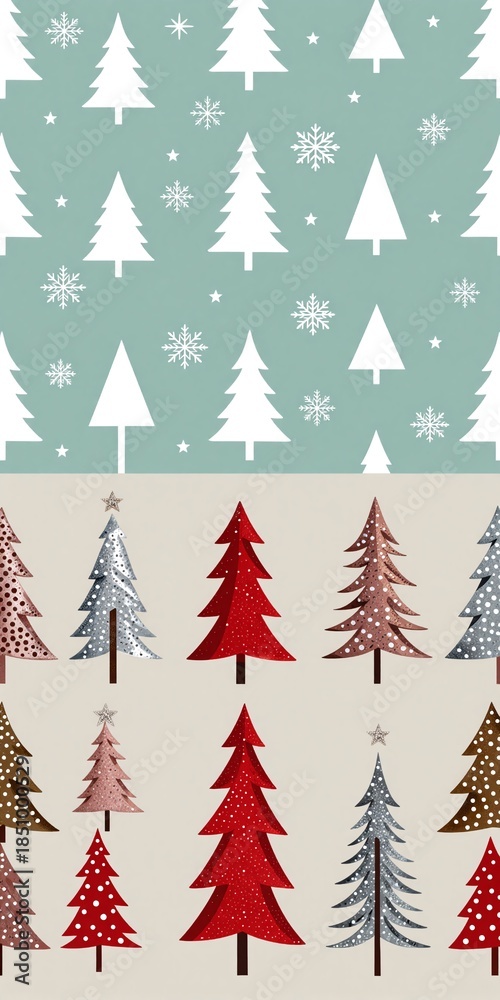 Obraz premium Winter forest scene: snowy trees, stars, and festive colors. Soft pastel background with charming holiday design elements.