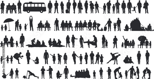 Family silhouette, travel scene, camping moment, luggage, umbrella pose, bus, bonding, interaction, lifestyle, emotion, care, everyday life
