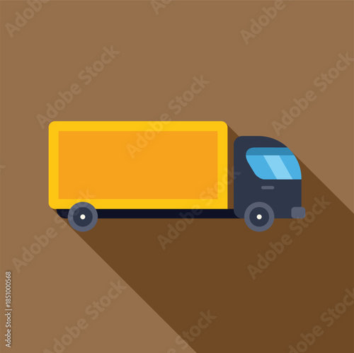 Yellow delivery truck is moving on brown background with long shadow, logistics and transportation concept