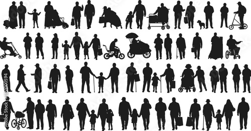Silhouette people, mobility diversity, stroller scene, wheelchair use, walking pose, urban lifestyle, family bonding, interaction, emotion, care, everyday life