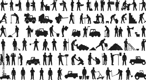 Construction worker silhouettes, labor activity, teamwork, machinery, digging, bricklaying, wheelbarrow, forklift, dump truck, utility vehicle, industrial scene, job site