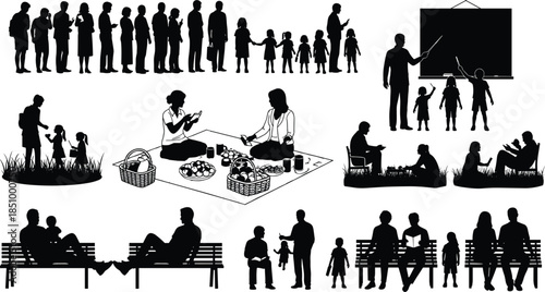 Family interaction, silhouette illustration, parenting moment, teaching scene, outdoor bonding, emotional support, education, picnic, classroom, guidance, everyday life, nurturing