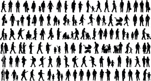 Silhouette people walking, parenting moment, stroller scene, everyday life, family interaction, urban lifestyle, bonding, movement, gesture, emotion, diversity