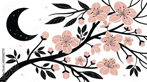 Soft pink cherry blossoms on dark background with whimsical floral elements