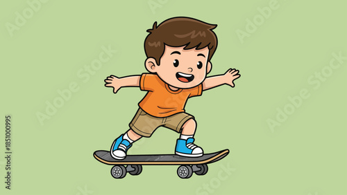 Happy young boy skateboarding with joy and excitement.
