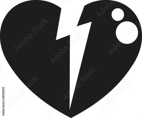 Lightning bolt splitting black heart representing broken heart, heartache, and unhappy love