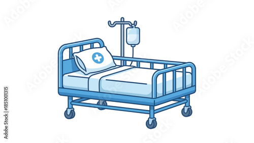 Hospital Bed with IV Drip and Medical Cross Pillow.