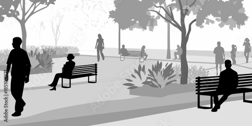 Flat vector silhouette of a city recreation area with people walking, jogging, and enjoying a sunny day outdoors