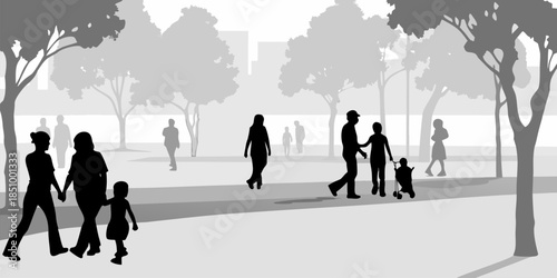 Minimalist city park silhouette featuring people engaged in outdoor activities and leisure in an urban green space