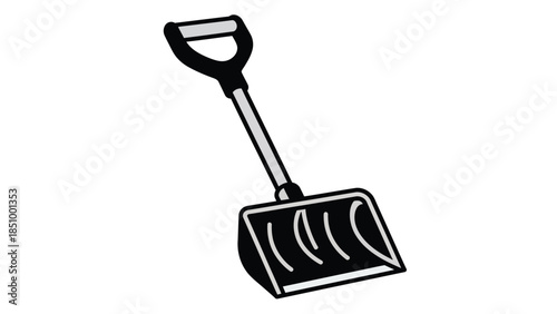 Illustration of a black snow shovel with a white handle.