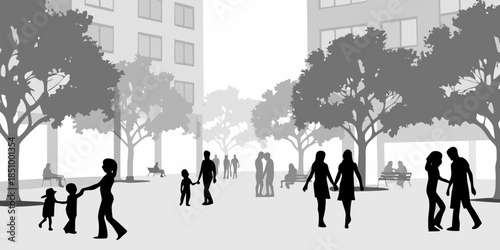 Flat vector silhouette of a bustling city square scene with multiple people walking and gathering in a public space