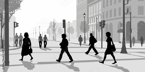 Minimalist flat vector illustration of a city scene with people engaged in their daily routines and urban activities