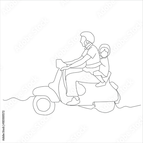 father carrying child on motorbike, line art. father ans son ride old motorbike line art 
