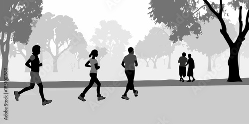 Flat vector silhouette of an early morning city park scene with people jogging and walking in the sunrise