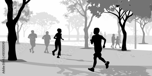 Minimalist city park silhouette at dawn featuring people starting their day with outdoor activities and exercise