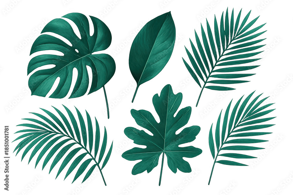 Fototapeta premium Tropical green exotic leaves collection illustrating monstera, palm fronds, and other botanical foliage on a transparent background