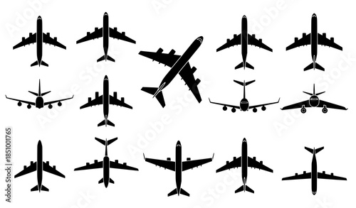 Airplane top and front view silhouette vector set for aviation diagrams isolated on white