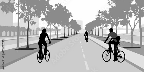 Flat vector silhouette of a modern city greenway featuring active citizens walking and spending time outside.