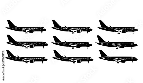 Commercial airplane side view silhouettes collection in black isolated on white background vector