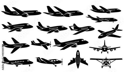 Airplane silhouette icon set with passenger cargo and private aircraft isolated on white