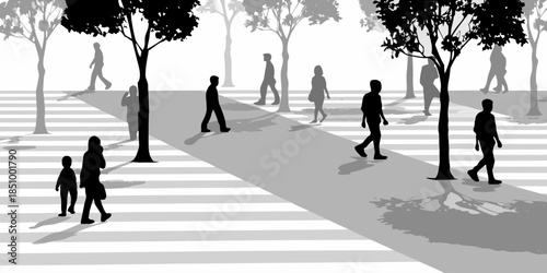 Flat vector silhouette of pedestrians crossing a walkway, symbolizing the hustle and bustle of city transit.