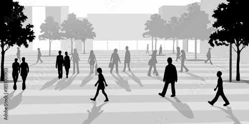 Flat vector silhouette of pedestrians crossing a walkway in a busy commercial district or downtown area.