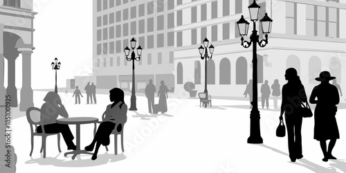 Flat vector silhouette of pedestrians interacting, showcasing communication and relationship in an urban space.
