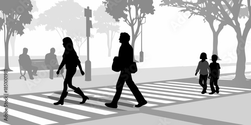Flat vector silhouette of pedestrians moving through a plaza, representing a diverse group of commuters.