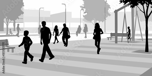 Flat vector silhouette of pedestrians moving through a public park or square, focusing on daily urban transit.